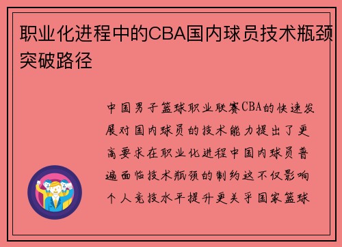 职业化进程中的CBA国内球员技术瓶颈突破路径