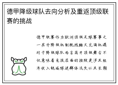 德甲降级球队去向分析及重返顶级联赛的挑战
